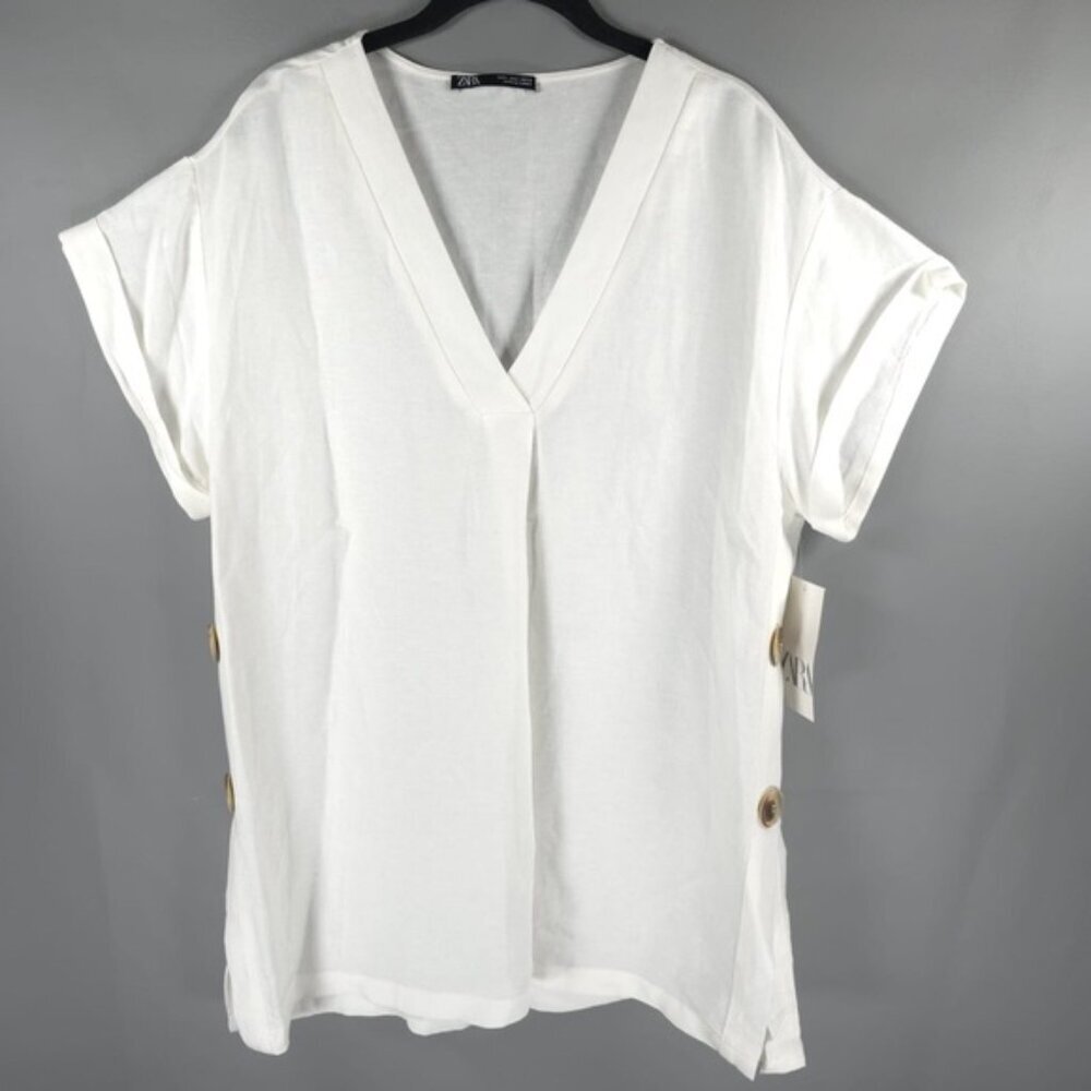 NWT ZARA LINEN Blend V neck Top Tunic‎ Side Button Details 3564/091 SMALL